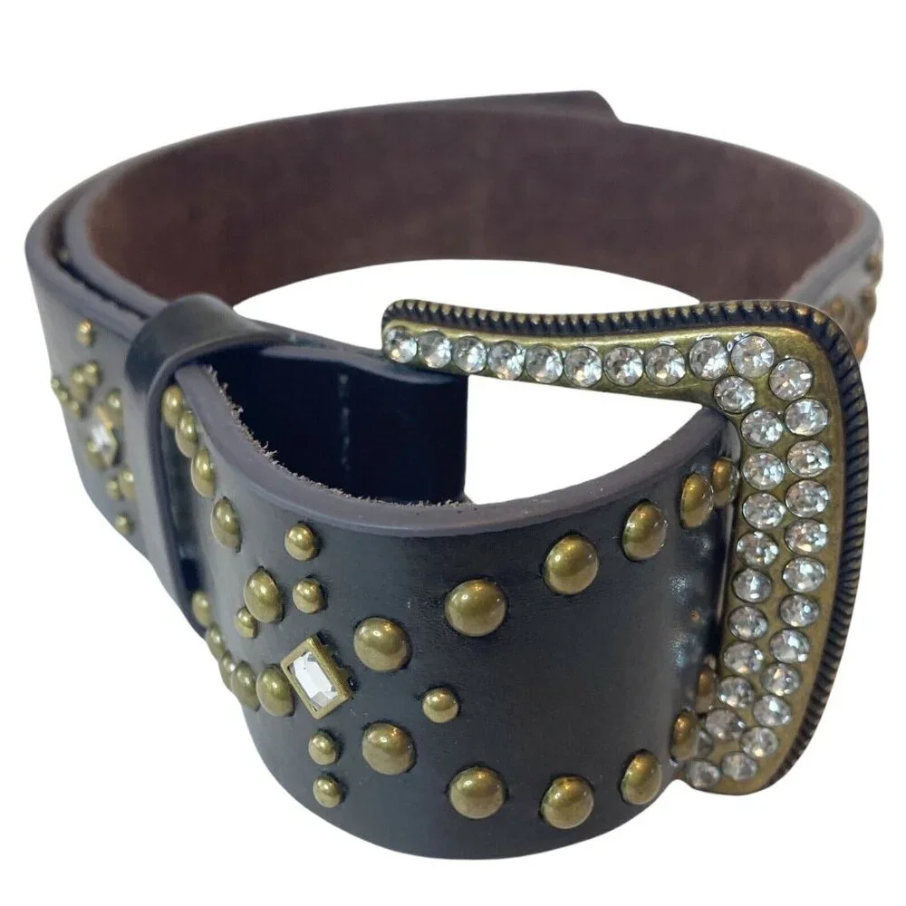 Genuine Brown Leather Metal Studded Bling Belt Buckle Boho Trendy Western 36”